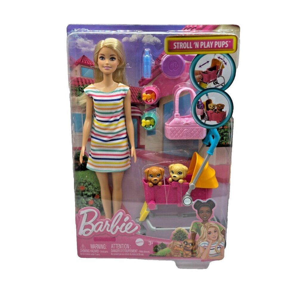 Barbie Stroll ‘N Play Pups Playset with Barbie Doll, 2 Puppies and Pet Stroller